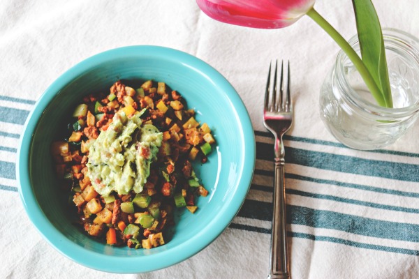 sweet potato and chorizo hash with guacamole